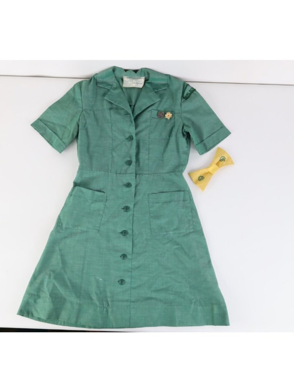 Vtg 60s 70s Girl Scouts Girls 8 Distressed Uniform Dress Bowtie with Pins USA